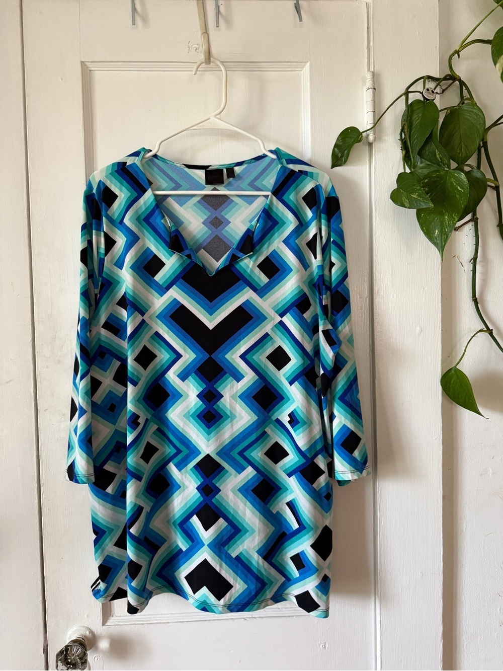 Rafaella Blue Geometric V-Neck Tunic